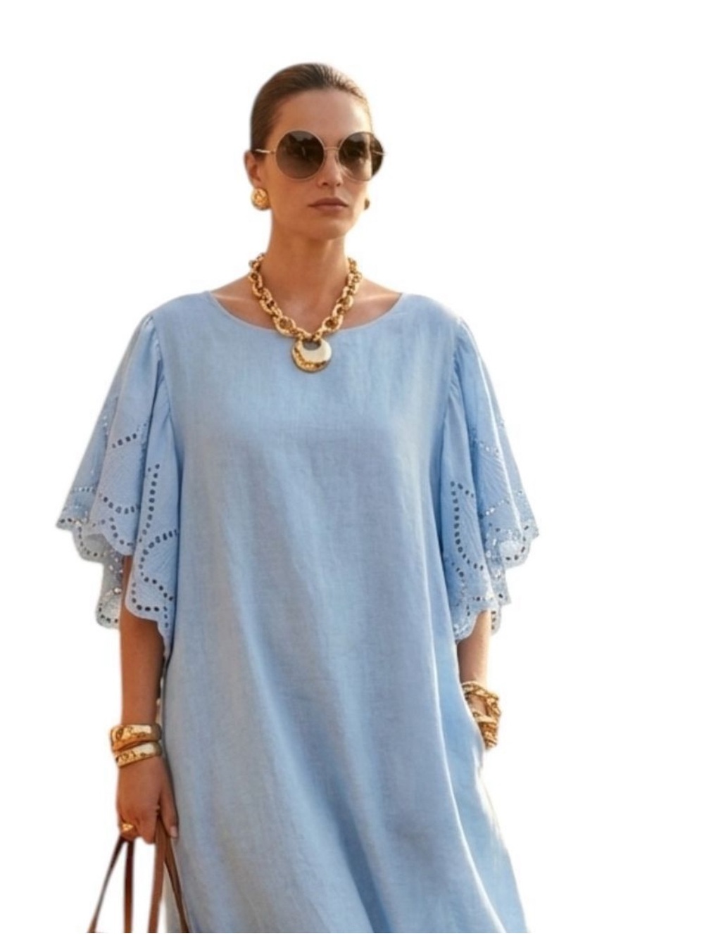 NWOT Light Blue Linen Cotton Blend Dress with Eyelet Sleeves, size 2X